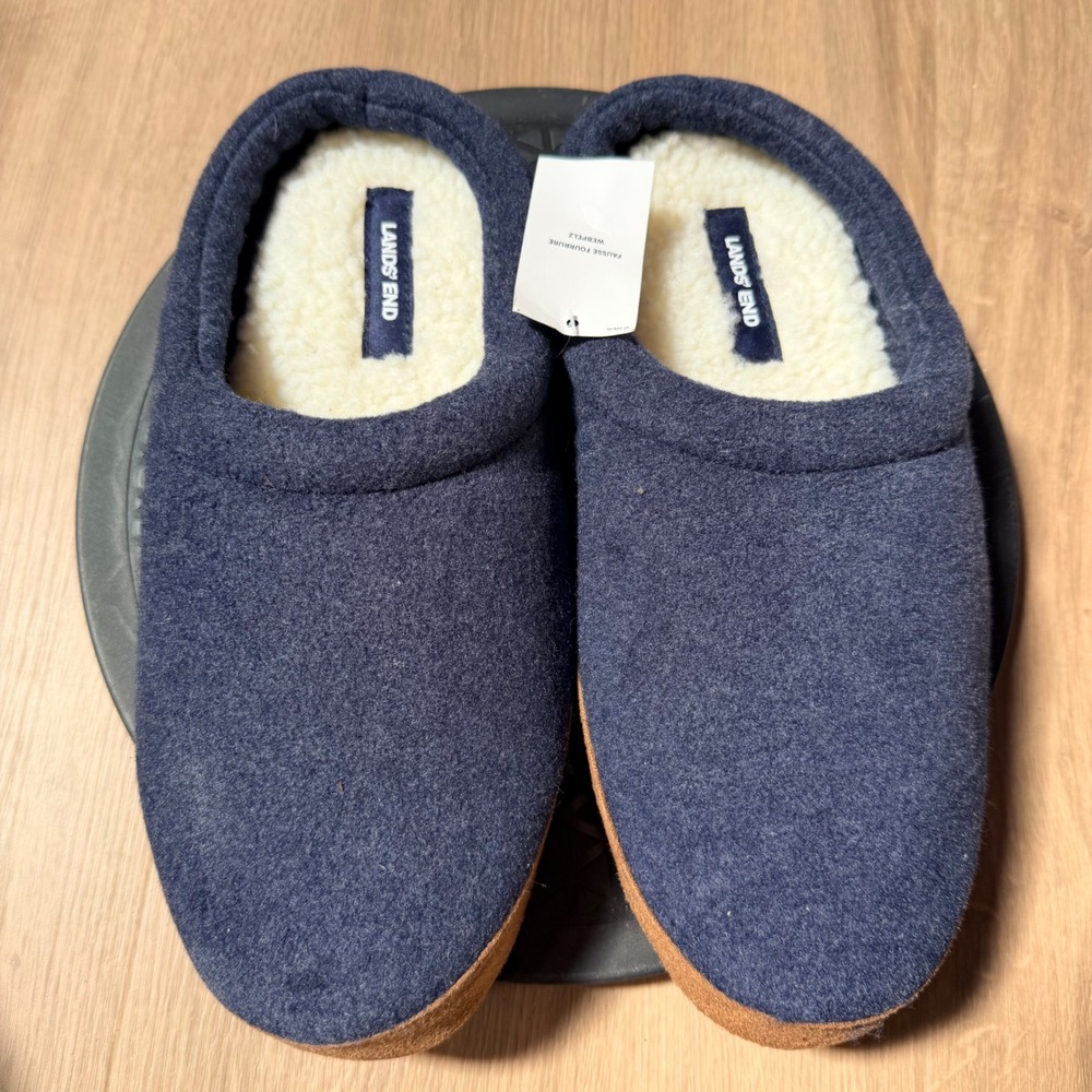 NWOT Lands End Mens 9 Navy Blue Felt Scuff Slippers Faux Fur Lined